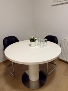 a white table with chairs and a vase of flowers on it at Moderne zentrale Wohnung in Grosspetersdorf +4 photos