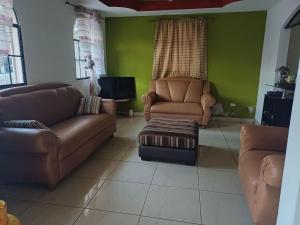 a living room with two brown couches and a green wall at Quinta Los Guacamayos in El Picacho
