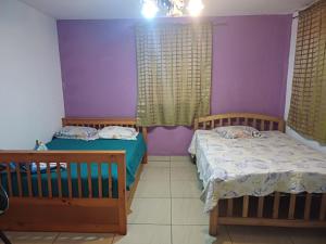 two beds in a room with purple walls at Quinta Los Guacamayos in El Picacho
