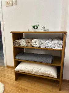 a shelf with towels and a sink in a room at Apartman Stone Garden in Mostar +44 photos