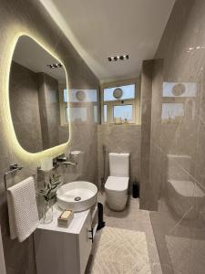 a bathroom with a sink and a toilet and a mirror at New LH Cairo Hotel in Cairo