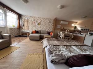 a living room with two beds and a kitchen at Bérc Apartman in Egerszalók