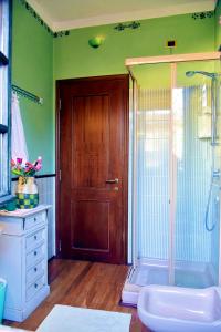 a bathroom with a shower and a wooden door at B&B Al Roncaccio in Calco
