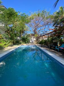 a blue swimming pool in a yard with trees at Casona La Carolina in San Andrés