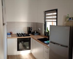 a kitchen with a stove and a refrigerator at Noclegi u Nikoli in Wola Wereszczyńska