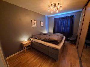 a small bedroom with a bed and a window at Apartment with a view at Tonsenhagen in Oslo