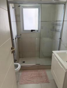 a bathroom with a shower and a toilet and a window at Brisa del mar in Comodoro Rivadavia