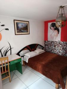 a bedroom with a bed and a desk and a painting at Hostel Viajeros Arequipa in Arequipa