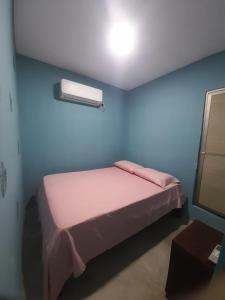 a bedroom with a pink bed and a blue wall at Maracas Hospedaje in Rincón