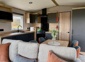 a kitchen and a living room with a couch and a table at Barnharrow Holiday Park in Newton Stewart