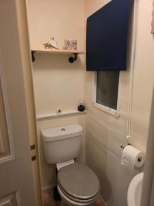 a small bathroom with a toilet and a window at Dora's 5 Berth Static with stunning views in Saint Martin +13 photos