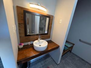 a bathroom with a sink and a mirror at Germantown Inn & Lounge in Hermann