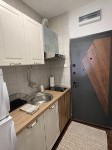a small kitchen with a sink and a refrigerator at Apartman Katarina in Sutomore