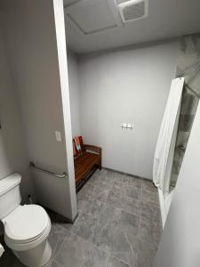 a small bathroom with a toilet and a shower at Germantown Inn & Lounge in Hermann
