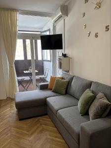 a living room with a gray couch and a television at Apartman Katarina in Sutomore