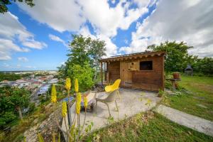 a small wooden cabin with a table and a yellow chair at Le jardin de Védèze in Les Abymes