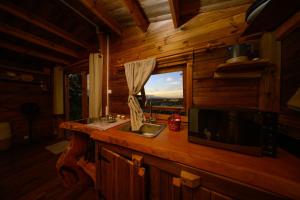 a kitchen with a sink and a window in a cabin at Le jardin de Védèze in Les Abymes