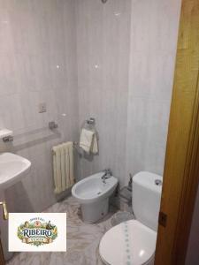 a white bathroom with a toilet and a sink at Hostal Ribeiro Verín in Verín
