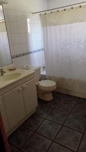 a bathroom with a toilet and a shower curtain at Chalet yuris in Melipilla +14 photos