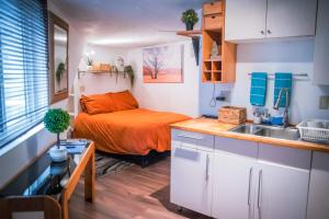a small room with a bed and a sink at Stylish Apartment Upscale Chapultepec District in Tijuana