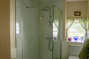 a shower with a glass door in a bathroom at Spacious cottage - walk to Crieff in Crieff +26 photos