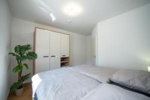 a white bedroom with a bed and a plant at Helles Apartment in bester Lage in Landshut