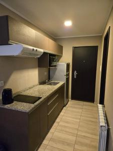 a small kitchen with a refrigerator and a sink at Casa del Parque estudio 4 pax in Necochea +7 photos