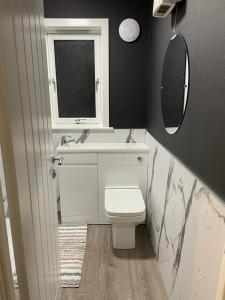 a bathroom with a toilet and a sink and a mirror at Marys view in Fort William +18 photos