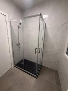 a shower stall with a glass door in a bathroom at Alojamiento Baeza - Leones 9 A in Baeza