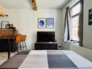 a bedroom with a bed and a flat screen tv at DinLoft in Dinant