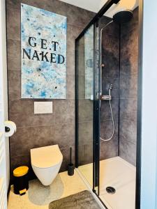 a bathroom with a shower with a toilet at DinLoft in Dinant