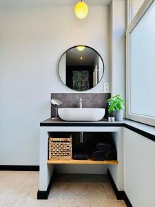 a bathroom with a sink and a mirror at DinLoft in Dinant
