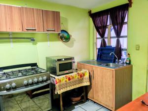 a kitchen with a stove and a microwave at BONITO y AMPLIO DEPARTAMENTO con JARDÍN "EL PARAÍSO DE ZACATLÁN" in Zacatlán