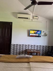 a room with a bed and a tv on a wall at Paulina's Guest House in Madgaon