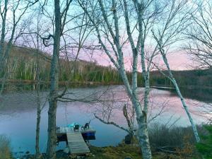 a picnic table on a dock in the middle of a lake at The Beaver Den in Haliburton