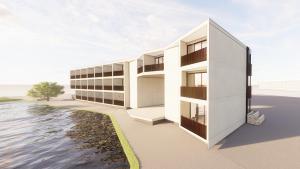 an architectural rendering of a building next to a body of water at Reflections at Rich River in Moama