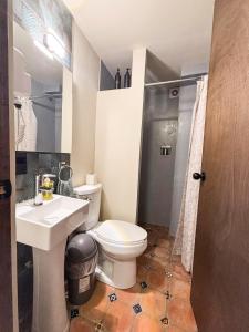 a bathroom with a toilet and a sink and a shower at La Estancia del Rey David in San Luis Potosí