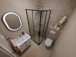 a bathroom with a sink and a mirror and a toilet at Apartments by the sea Zavalatica, Korcula - 247 in Zavalatica +49 photos