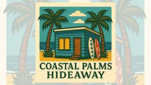 a poster with a house on the beach with palm trees at Coastal Palms Hideaway in Bongaree