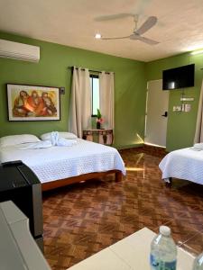 a bedroom with two beds and a green wall at Casa Xu´unan in Valladolid +74 photos