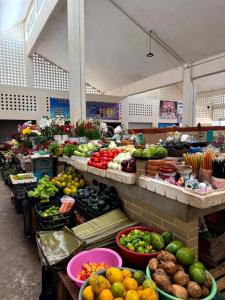 a store filled with lots of fruits and vegetables at Casa Xu´unan in Valladolid