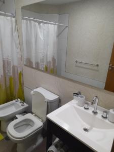 a bathroom with a toilet and a sink and a mirror at Loft Centro Cívico in San Juan +17 photos