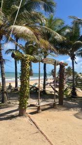 a wooden arch on a beach with palm trees at Pousada Cordel de Itaúnas in Itaúnas +22 photos
