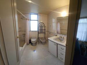 a bathroom with a toilet and a sink and a mirror at MONTELUX Apartamento in La Paz +44 photos