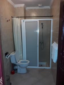 y baño con aseo azul y ducha. en Hotel Salama STE SAL- AMA SUD SARL AU, en Tafraoute