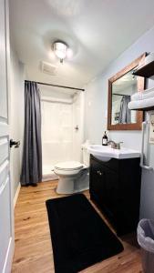 a bathroom with a sink and a toilet and a mirror at The Perfect One Night Stay in Jacksonville +34 photos