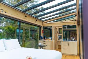 a room with a bed and a glass roof at Ruru PurePod in Waikino