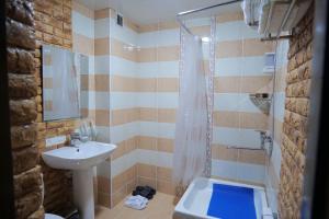 a bathroom with a sink and a shower and a toilet at Golubie Kupola Hotel 华人酒店 in Bukhara +30 photos