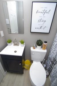 a bathroom with a toilet and a sink and a mirror at Home Sweet Home Bungalow in North Little Rock