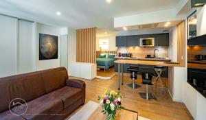 a living room with a couch and a kitchen at Studio neuf et moderne centre historique in Chambéry